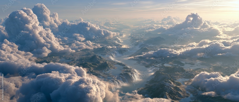 Naklejka premium Clouds over mountains with valleys and ice during sunrise in a scenic landscape