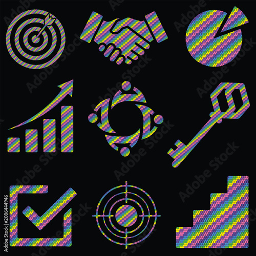 Halftone Dot Business Strategy Icons Set for Analytics Growth Partnership Dashboard Infographic Corporate Branding Vector Collection.