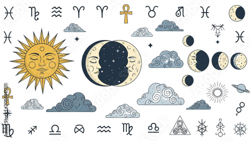 Foto Astrology symbols and celestial bodies fill the space