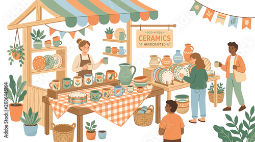 Colorful outdoor pottery market stall with customers.