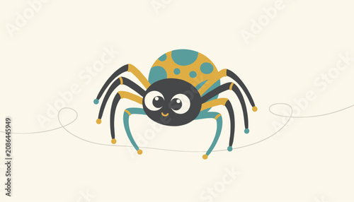 Adorable cartoon spider with big eyes, a yellow and blue spotted body, smiling while hanging on a single thin thread.