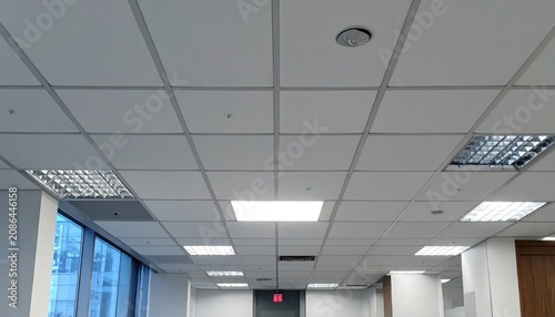 Modern Suspended Office Ceiling with Fluorescent Lights and Window View