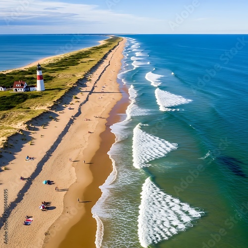 Aerial view of a coastal city with sandy beach and marina.