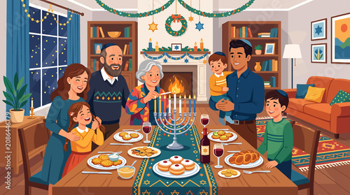 Tableau sur toile Family celebrating Hanukkah with menorah and dinner.