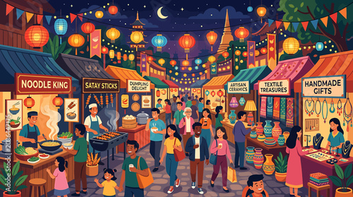 Bild auf Leinwand Colorful Night Market Scene with Lanterns and Crowd.