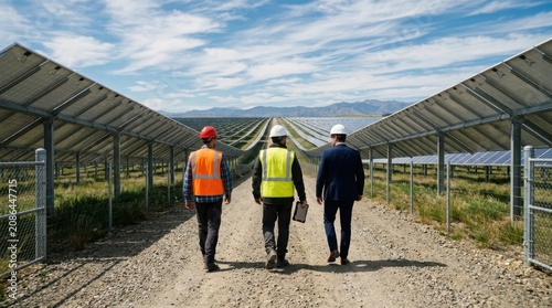 Three engineers in hard hats and safety vests walk through a vast solar farm, discussing future energy development.
