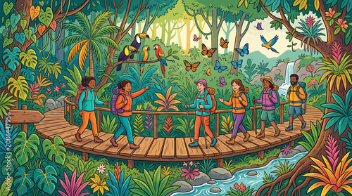 Photography Colorful jungle scene with children on a wooden bridge.