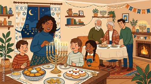 Cuadro en lienzo Family Celebrating Hanukkah with Traditional Meal and Menorah.