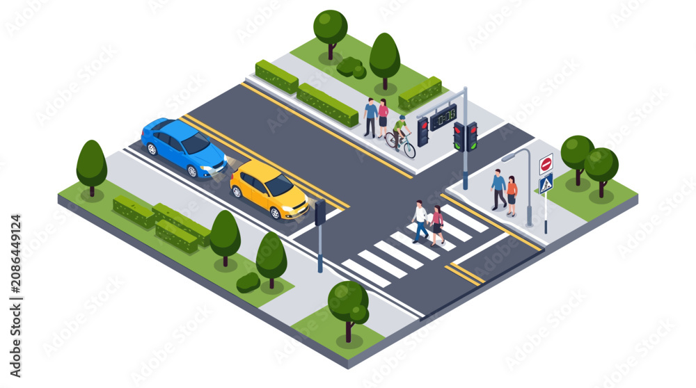 Obraz premium Isometric crossroad with cars, pedestrians, and traffic lights