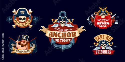 Fotografie Pirate stickers with corsair quotes and happy captain character, skulls and crossbones