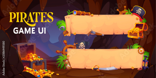 Old paper pirate scroll banners in treasures cave. Cartoon banners featuring empty parchment scrolls, treasures, weapons and navigation tools. Vibrant kids adventure illustration for storybook covers