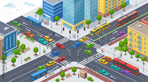 Busy urban intersection with cars, trams, and buses in isometric view