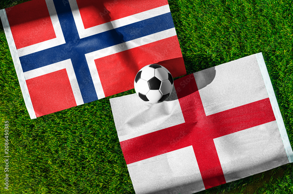 Fototapeta premium Norway vs England, Quarterfinals 2026 tournament. Illustration image, national flags before international football match, football ball on green grass 