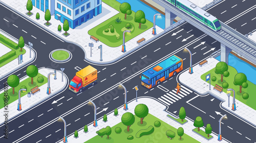 Isometric city landscape with transportation: bus, truck, train, road junction