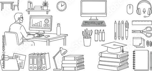 Online education and remote workspace line art vector icons set featuring student study elements office equipment and desk graphics.