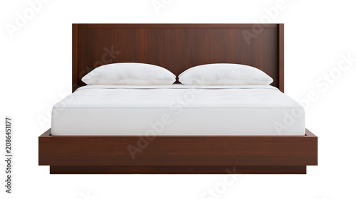 Foto Modern wooden platform bed with white linens and pillows