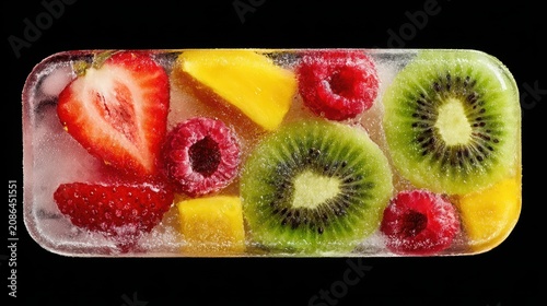 Vibrant Frozen Fruit Cube with Strawberries, Raspberries, and Kiwi