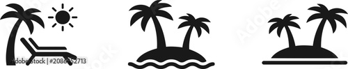 Konstfotografi Black silhouette icons of palm trees on island with sun and beach chair for summ