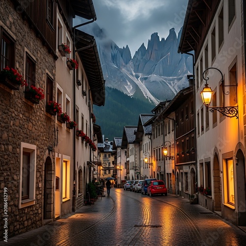 Misty evening in a narrow European village street with warm lights.