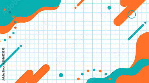 Abstract White Grid Background With Vibrant Teal And Orange Fluid Shapes Minimalist Geometric Elements And Copy Space