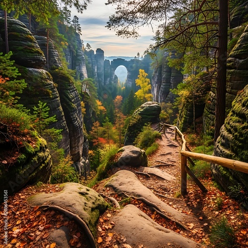 Serene forest path with moss covered stones and sunlight filtering through trees.