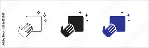 Multiple variants of a modern icon set featuring a hand cleaning a sparkling surface, representing hygiene, freshness, and sanitation concepts, isolated on transparent background.