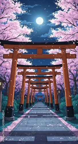 Cherry blossom pathway leading to traditional Japanese temple gate.