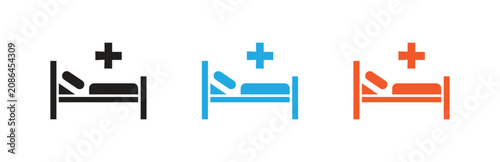 Multiple variants of a hospital bed icon with a medical cross symbol, representing healthcare, emergency, and patient care services, isolated on transparent background.