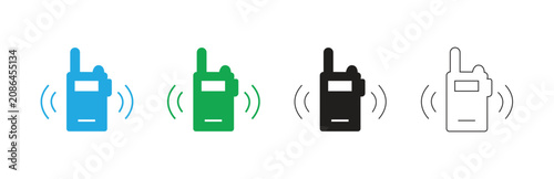 set of walkie talkie icons in different solid colors and outline style symbolizing communication signal transmission for security teams, emergency services, and outdoor adventures