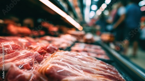 Close-up of packaged raw meat displayed in a supermarket refrigerated section with blurred shoppers in the background.