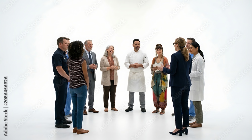 Obraz premium Diverse professionals from various industries and backgrounds engaging in a collaborative discussion, forming a circle of communication and teamwork in a clean, bright studio environment