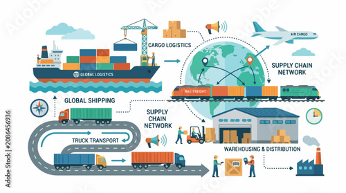 Global supply chain and logistics infographic illustrating ships, trucks, cranes, and a connected distribution network