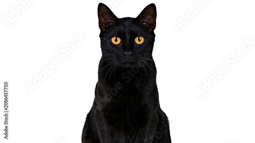 Fotografie Black cat with bright yellow eyes looking forward