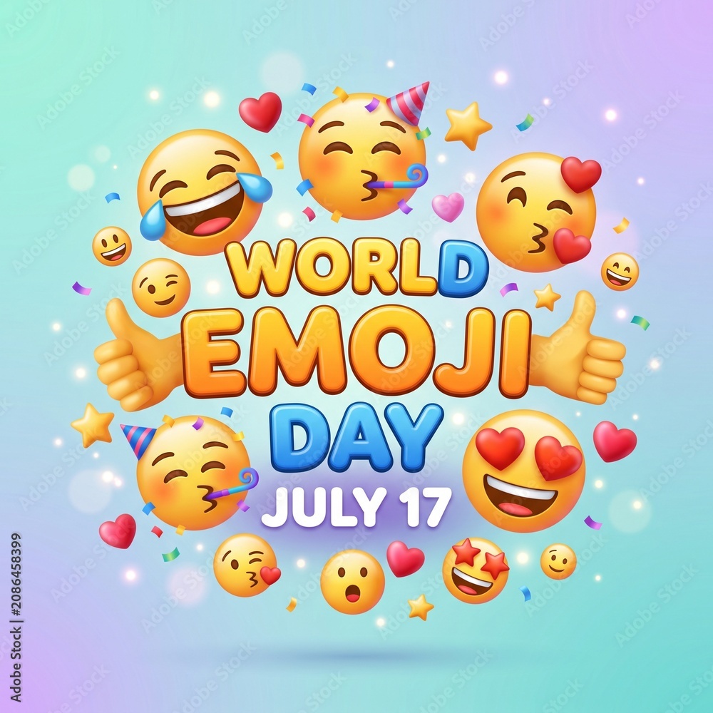 Fototapeta premium World Emoji Day, colorful emojis, celebration background, July 17, digital illustration