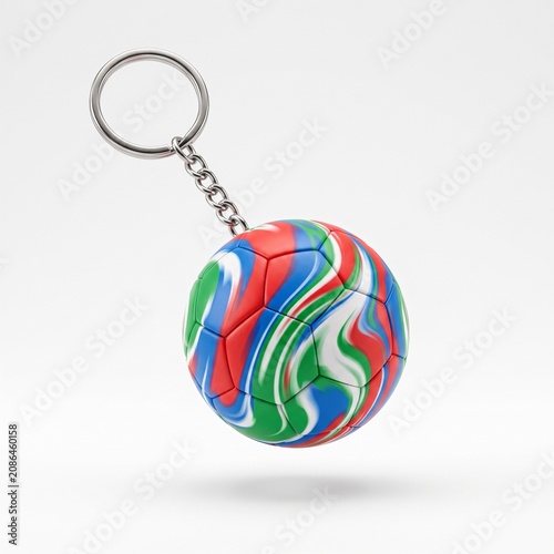Colorful Soccer Ball Keychain Product Photography with Abstract Swirl Pattern Background.