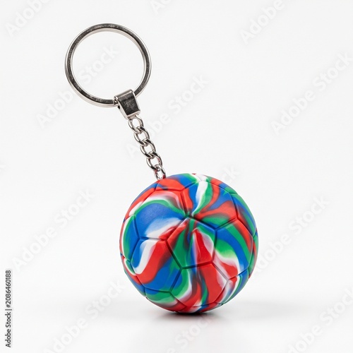 Colorful Soccer Ball Keychain Product Photography with Abstract Swirl Pattern Background.