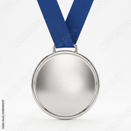 Blank Round Silver Medal with Blue Ribbon Premium Award Mockup Design.