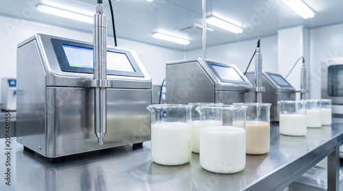 Automated laboratory equipment testing milk quality and consistency in sterile industrial environment