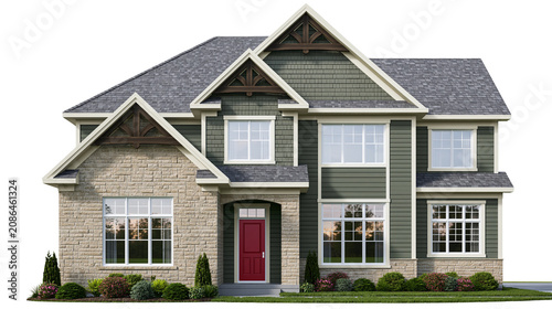 Two-story house with stone and green siding red door, and multiple windows