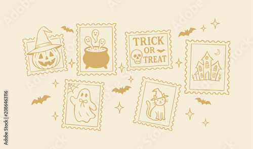 Hand drawn Halloween postcard stamps, spooky holiday philately collection with ghost pumpkin, trick or treat text, cauldron, ghostly spirits, bats, cat and haunted house vector illustration