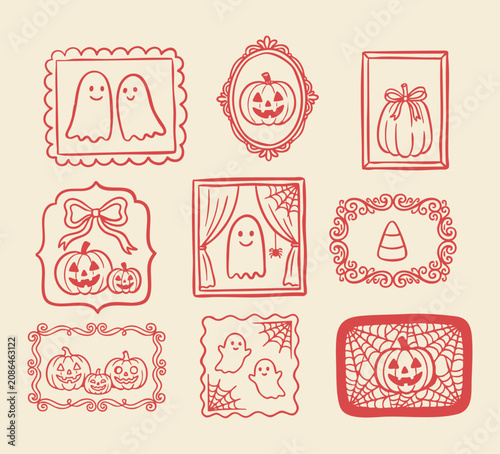 Hand drawn Halloween decorative frame collection, horror invitation border with cute ghost pairs, jack-o-lanterns pumpkins, hanging spiders and retro candy corn vector illustration