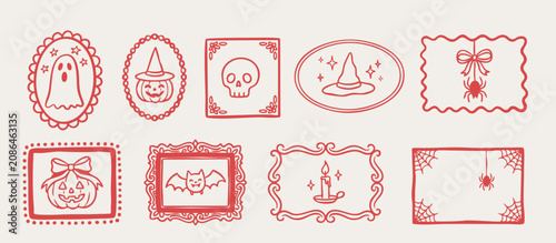 Hand drawn Halloween vignette frame collection with ghost skull, pumpkin, witch hat, spider web, hanging spider, candle and bat vector illustration