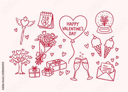 Hand drawn happy valentine's day, love and romance elements collection with heart balloon, flower bouquet, February 14 calendar, champagne glasses, ice cream, love letter, heart tree and gift boxes