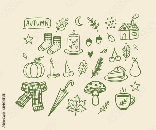 Hand drawn minimalist thanksgiving and autumn cozy seasonal icon collection with pumpkin, plaid scarf, sweet pumpkin pie, mushroom, little house, umbrella, hot tea and cozy socks vector illustration