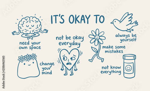 Hand drawn mental health awareness, self-care, positivity vector elements with mindful brain, flowers, encouraging quotes, whimsical character and positive affirmations illustration