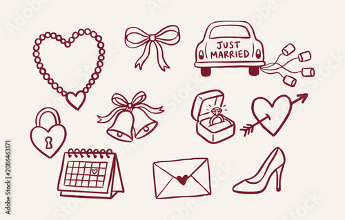 Hand drawn romantic wedding celebration icon collection with bride and groom, just married car, heart necklace, love letters, high heel, diamond ring and wedding bells vector illustration