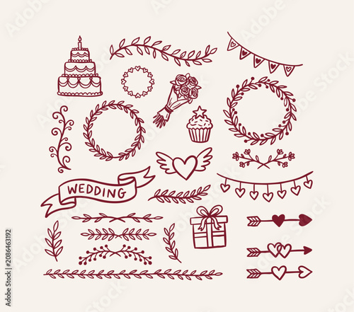 Hand drawn romantic wedding ornament collection with multi-tiered cake, flower bouquet, winged heart, gift box, heart arrows and bunting garlands, wreaths, botanical branch and wedding ribbon vector