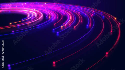 Abstract photonic light streams with glowing optical trails, high speed data transmission, fiber optic communication, and futuristic digital technology background. 3d rendering
