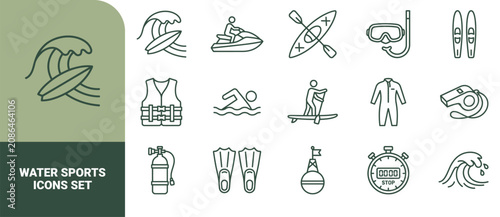 Foto Water sports and aquatic activity set featuring surfing, diving equipment, swimm