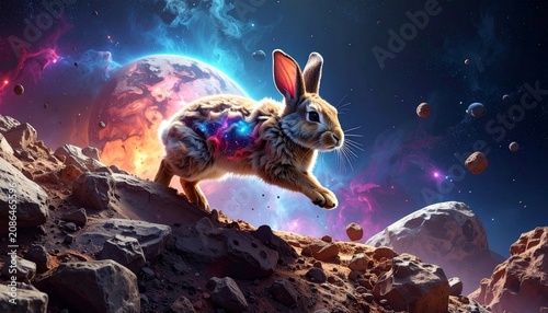 A rabbit in space with colorful markings.